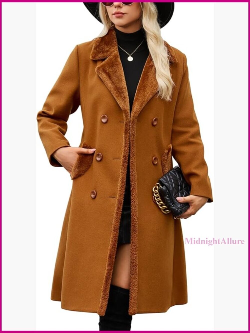 Double-Breasted Slim Fit Faux Fur Lapel Dress Coat, Knee-Length Winter Jacket